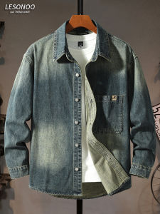 LIANSENNIAO | Áo Sơ Mi Denim Rửa Retro Dành Cho Nam Phong Cách Bỏng Tay Dài Cổ Đứng Chất Lượng Cao
