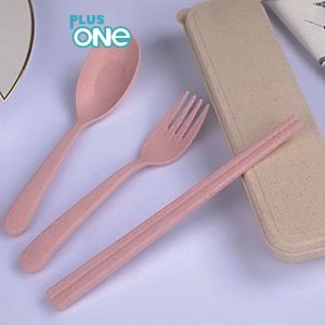 Plus One - 4 in1 Wheat straw tableware Travel Cutlery Set Alat Makan Sendok Garpu Sumpit - 1201