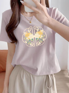 Summer 2025 Womens Loose Cotton T-shirt Short Sleeve Purple Casual Comfortable Breathable Print Design Commute Style round Neck