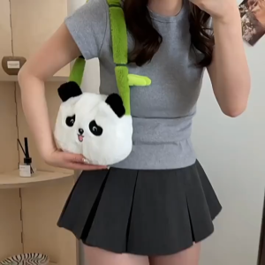 Women Shoulder Bag Panda Shaped Plush Crossbody Bag Bamboo Shaped Strap Hobo Bag for Travel Shopping