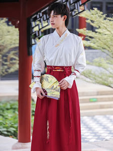 Original Han Chinese Clothing Mens Fairy Chinese Style Red Cross Collar Chivalrous Chinese Traditional Han Clothing Suit Ancient Student Costume
