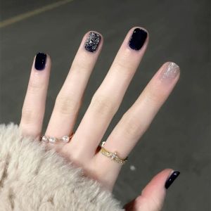 Low-profile Black Nail Tips with Sparkling Crystals Short Natural Looking False Nails Easy to Wear And Remove Beauty Tools