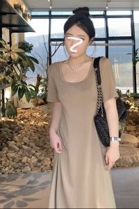 Đầm Thun Cổ Chữ U Đơn Giản Cỡ Lớn Cho Nữ Mùa Hè Dáng Chữ a Dài Vừa Phải Thường Ngày