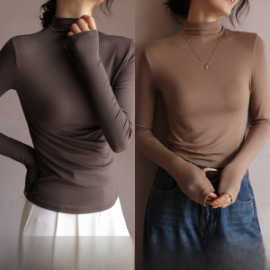 miiow | Womens Slim Fit Modal Long Sleeve Base Layer Shirt Half High Collar Autumn Winter Fashionable Inner Wear Commute Style Pure Color