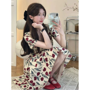 French Floral Summer Dress Womens Elegant Gentle Waist-Cinching Long Skirt Short Sleeve High Waist A-line Gown Tea Break Dress