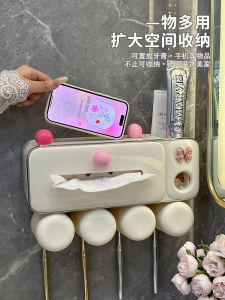 ชั้นวางที่แขวนผ้าเช็ดหน้าแบบติดผนังพร้อมจุกสำหรับใส่แปรงสีฟันและแก้วดื่มน้ำยาล้างปาก ไม่ต้องเจาะรู ของใช้ในห้องน้ำ