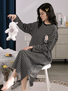 Fenteng Care Womens Long Sleeve Nightgown Dress Pure Cotton Striped Sleepwear Outerwear Spring Autumn Sweet Style Print