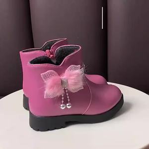 Childrens Shoes Girl Mid Length Warm Leather Boots Baby Bow Cute Cotton Shoes Plush Winter New Student Two Cotton Boots Botines