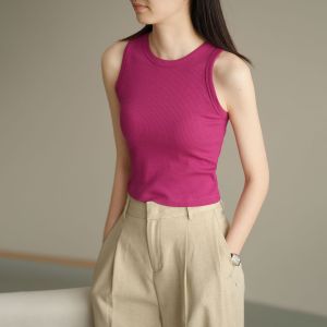 Spring Summer Womens Slim Fit No-Sleeve Top Belly Button Exposure Knitted Vest Korean Style Base Layer Tank Top