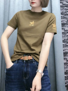 Womens Short Sleeve T-Shirt Fashionable Printed Elastic Slim Fit Summer New Arrival Cotton Blend Comfortable round Neck Top