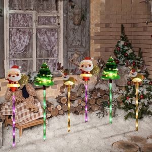 6PCS Weatherproof Solar Christmas Stakes - Santa/Snowman/Tree Shapes 8 Lighting Modes Garden Path Decor