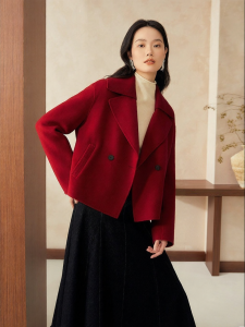 Spring Red Wool and Cashmere Detachable Knit Collar Coat