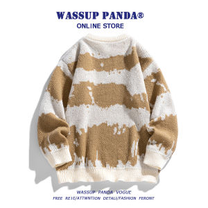 Wassup Panda Color Block Knitwear Mens Autumn Winter Casual round Neck Lazy Style Knitted Sweater Warm Breathable Fashionable