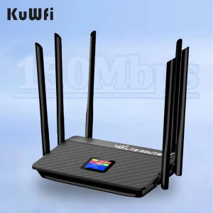 KuWfi 4G LTE Router 150Mbps 5200mAh Battery 6 High Gain Antennas SIM Card Slot RJ45 Port LCD Display Wired/Wireless