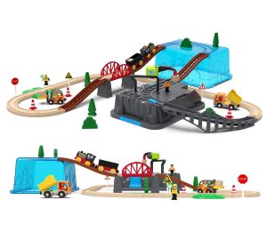 Bộ đường ray xe lửa gỗ công trình xây dựng 55pcs kèm xe pin và thùng nhựa