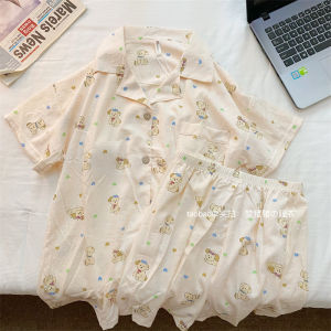 สีน้ําเงิน ลายสก็อต ทอ ผ้าฝ้าย ชุดนอน ผู้หญิง ฤดูร้อน เสื้อผ้าใส่ในบ้านพร้อมแผ่นรองหน้าอก น่ารัก ปกแขนสั้นหมี