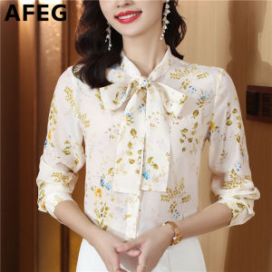 AFEG new Korean style bow fashion loose and versatile temperament floral chiffon long-sleeved blouse for women