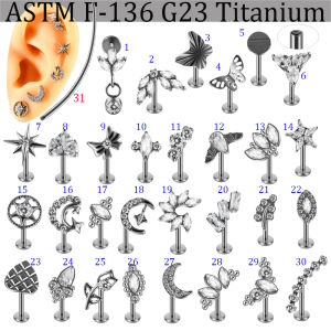 1PC F-136 Solid Titanium Different Styles With Cubic Zirconia Labret Stud 16G Ear Cartilage Piercing Daith Lobe Shiny Earring