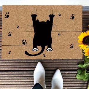 Thảm Cửa Ngoài Trời Họa Tiết Mèo Đen Dễ Thương Nhìn Từ Phía Sau & Dấu Chân Chất Liệu Polyester Không Dệt Chống Thấm Trang Trí Phòng Khách