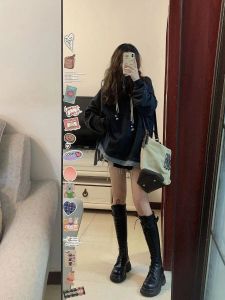 plus Size American Retro Patchwork Denim Sweatshirt Womens Autumn New Slimming Fake Two-Piece Top Coat Trendy