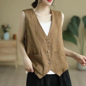 Casual Loose Sleeveless Thin Vest Summer Fashion Artistic Open Cardigan Outerwear Top round Neck Short Length Striped Pattern