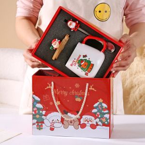 แก้วเซรามิคคริสต์มาสขายดี พร้อมฝาและช้อน ชุดของขวัญคริสต์มาส แก้วกาแฟในกล่องของขวัญ ลายธีมเทศกาล