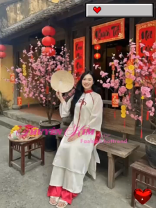 DX_ Đồ mặc Tết set áo dài cách tân Tơ cổ trụ phối viền dây nơ xinh mix quần dài Tuyết Nhung