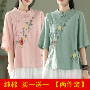 เสื้อเชิ้ตคอตตอนลินินสไตล์จีนปักลายขนาดใหญ่หลวมๆ ทรงหลวมๆ ปักลายฤดูร้อนใหม่สำหรับผู้หญิง