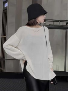 Ladies Summer Thin Loose Knitted Ice Silk Sunshade Cover up Top Korean Style Breeze Hollow out Long Sleeve round Neck Tunic
