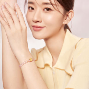 ZHOU LIU FU 周六福 24K Solid Gold Bracelet for Women Real Pure Gold Jewelry Trendy Sakura Flower Rose Quartz Beaded Bracelet for Men Teen Girls Stretch Bracelet A1910761