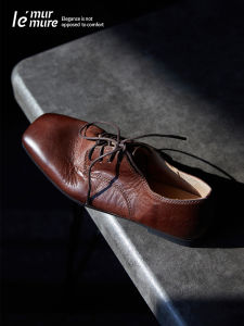 Handmade Washed Italian Horsehide Derby Shoes Womens Vintage Style Flat Bottom Low Heel Cross Buckle Pure Color Casual Shoes