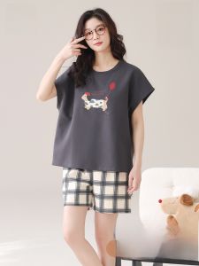 Miiow | Pure Cotton Summer Sleepwear Womens Short Sleeve Short Pants Set Thin Loose Cool Feeling Home Clothes Can Be Worn Outside