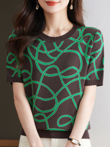 Ice Silk Short Sleeve Knitted T-Shirt Womens Summer New Style Loose Large Size Fashionable round Neck Real Silk Top Thin