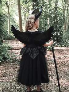 Kids Maleficent Costume Set Girls Evil Queen Outfit Deluxe Black Tulle Dress with Accessories for Carnival Party Role Play