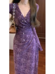 CHANGTONG | Elegant Purple V-Neck Slim Fit Pencil Dress