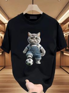 American Style Heavyweight Pure Cotton Mens Short Sleeve T-shirt Creative Football Cat Cartoon Print Loose round Neck INS Top