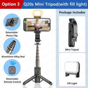 TOKQI | TOKQI Q20/Q20s Mini Selfie Stick Portable Tripod for Smartphones Shooting Vlog Video Detachable Phone Mount Optional Fill Light