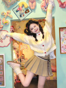 Áo Len Cardigan Len Nhung Màu Vàng Nhạt Kiểu Dệt Kim Cổ Tròn Dài Tay Dáng Rộng Có Nơ Bướm Cho Nữ Mùa Thu Đông