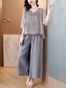 ชุดสองชิ้นคอตตอนผสมลินินฤดูร้อนใหม่สำหรับผู้หญิง ชุดกระโปรงทรงเอเอวสูง แขนยาว ลายดอกไม้ ทรงเข้ารูป ชุดทำงาน