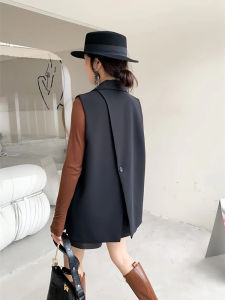 Elegant Black Blazer Vest Womens Spring Autumn Fashion Design Sleeveless Back Split Suit Style Long Length Button Detail