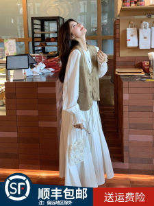 ชุดเดรสยาวแขนกุดสีขาว ชุดสองชิ้น ฤดูใบไม้ผลิและฤดูใบไม้ร่วง ชุดกระโปรงสั้นสไตล์เกาหลี ชุดทำงาน แขนยาว ทรงเอ คอตั้ง