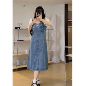 High Waist Denim A-Line Skirt for Plus Size Women Loose Fit Long Sleeve Summer Dress with Button Details for 18-24 Years Old