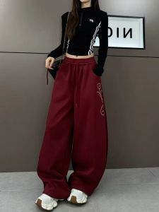 Retro American Millennium Rose Embroidery Wide Leg Pants Womens High Waist Loose Casual Sports Pants Trendy Bell Bottoms