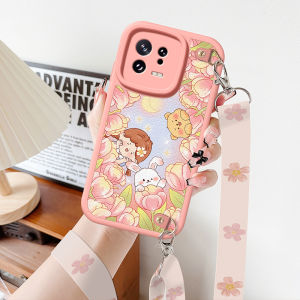Tulip Rabbit Silicone Phone Case with Lanyard Crossbody Womens Style Protective Cover for Xiaomi 14 Ultra Civi4 pro 13 12 Mix4