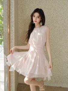 Đầm Midi Chiffon Màu Hồng Có Nếp Nhăn Accentuating Vòng eo cho Mùa Thu