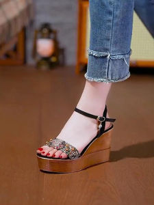 Womens Fashionable Summer Sandals Waterproof Platform High Heels Diamond Buckle Open Toe Shoes PU Leather Rubber Outsole