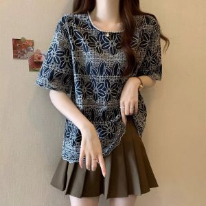 WANGGONGZHU | Elegant Floral Lace Short Sleeve Womens Shirt Summer 2025 New Loose Fashion Slimming Lightweight Princess Style Commute Wind