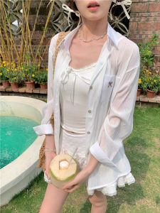Sun Protection Embroidered Long Sleeve Shirt for Girls Summer Fashionable Loose Fit Polo Collar Single Button Closure Thin
