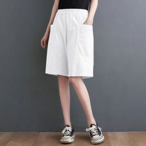 สูง เอว ขากว้าง ผ้าฝ้าย กางเกงขาสั้น ผู้หญิง ลำลอง Loose Fit ฤดูร้อน กางเกง มีสไตล์ พรางหุ่น ชุดทํางานห้าจุด กางเกงขายาว