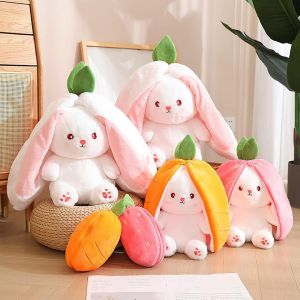 Bunny Plush Doll Toy Pillow Reversible Carrot Strawberry Bunny Stuffed Animal with Zipper Cute Rabbit Decoration for Kids